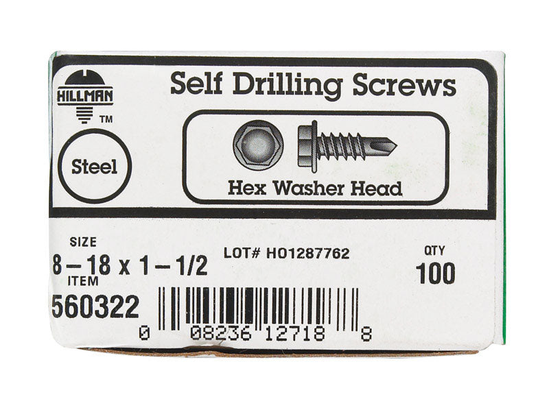 HILLMAN No. 8 X 1-1/2 in. L Phillips Hex Washer Head Sheet Metal Screws 100 pk