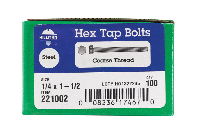 HILLMAN 1/4 in. D X 1-1/2 in. L Zinc Plated Steel Hex Tap Bolt 100 pk