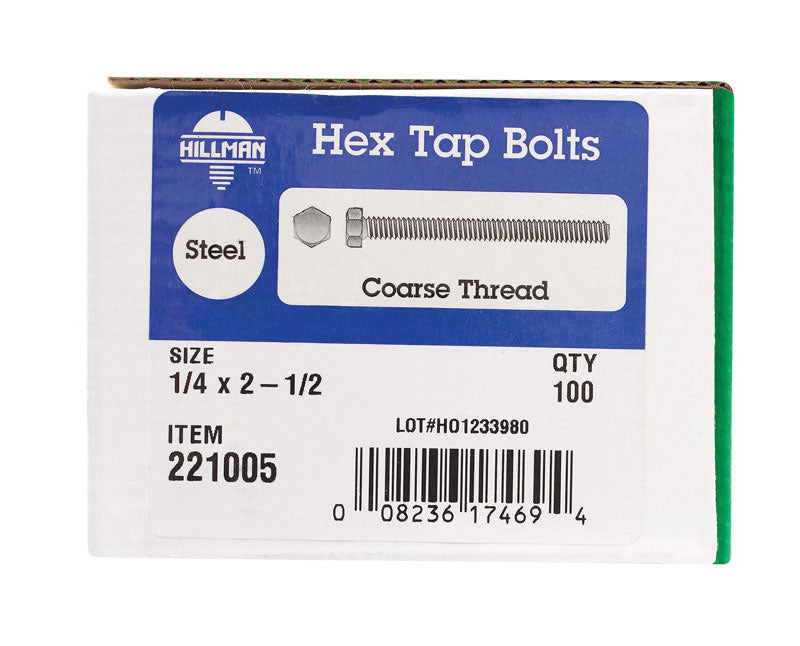 HILLMAN 1/4 in. D X 2-1/2 in. L Zinc Plated Steel Hex Tap Bolt 100 pk