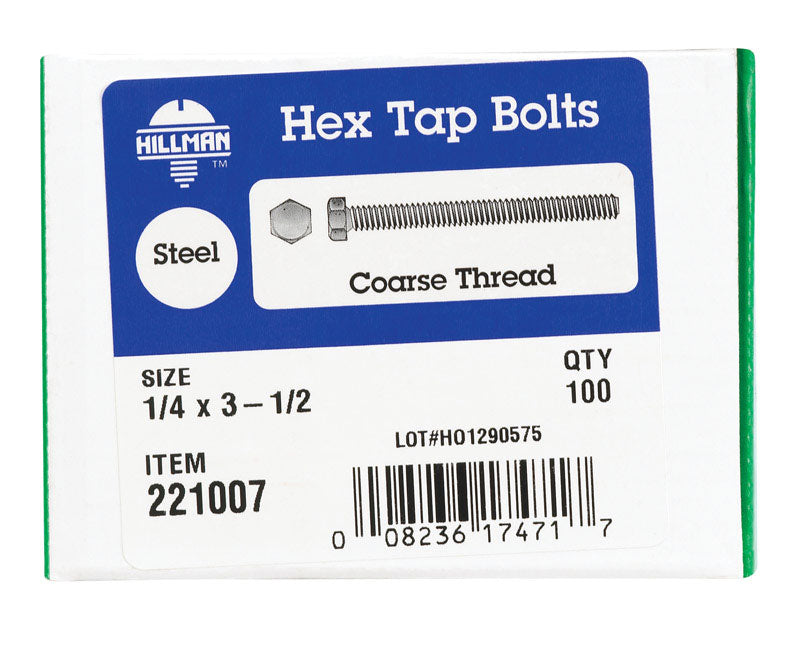 HILLMAN 1/4 in. D X 3-1/2 in. L Zinc Plated Steel Hex Tap Bolt 100 pk