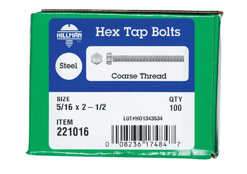 HILLMAN 5/16 in. D X 2-1/2 in. L Zinc Plated Steel Hex Tap Bolt 100 pk