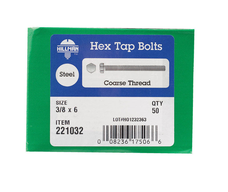 HILLMAN 3/8 in. D X 6 in. L Zinc Plated Steel Hex Tap Bolt 50 pk