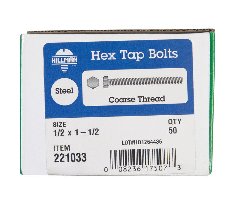 HILLMAN 1/2 in. D X 1-1/2 in. L Zinc Plated Steel Hex Tap Bolt 50 pk