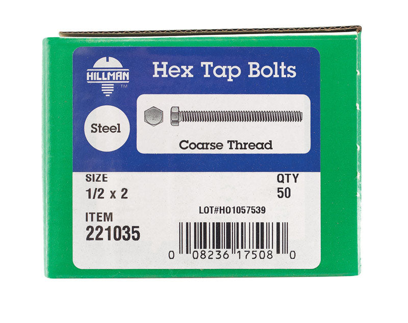 HILLMAN 1/2 in. D X 2 in. L Zinc Plated Steel Hex Tap Bolt 50 pk