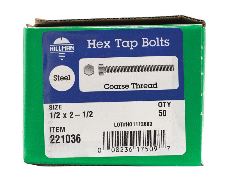 HILLMAN 1/2 in. D X 2-1/2 in. L Zinc Plated Steel Hex Tap Bolt 50 pk