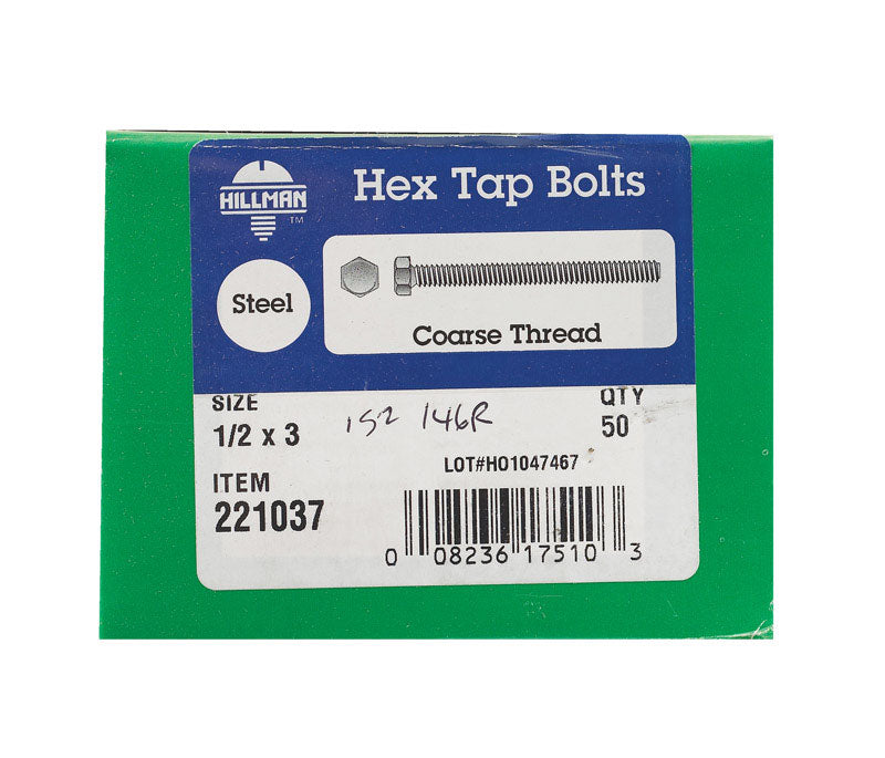 HILLMAN 1/2 in. D X 3 in. L Zinc Plated Steel Hex Tap Bolt 50 pk
