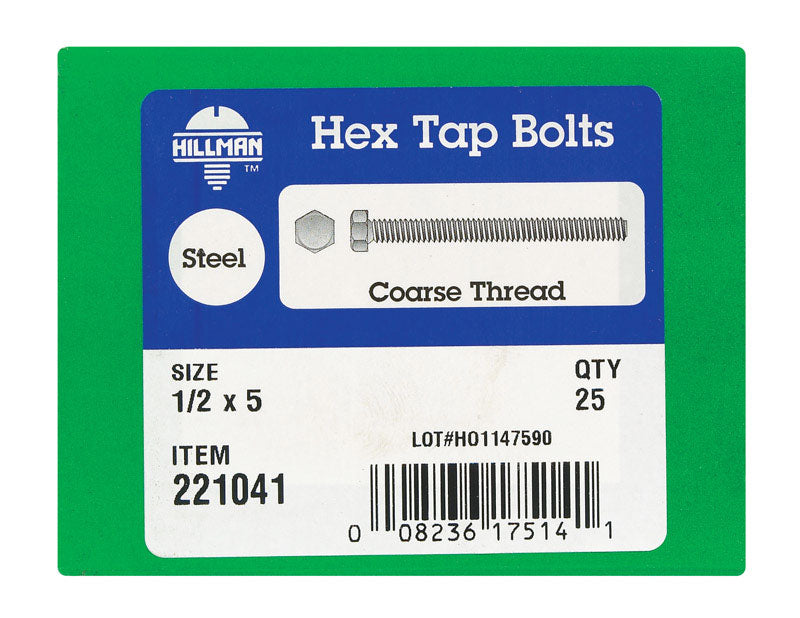 HILLMAN 1/2 in. D X 5 in. L Zinc Plated Steel Hex Tap Bolt 25 pk