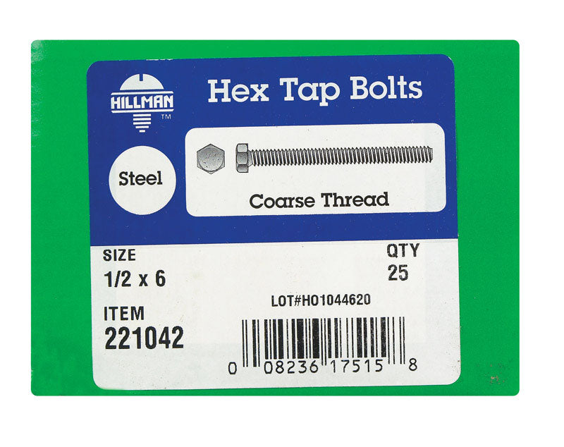 HILLMAN 1/2 in. D X 6 in. L Zinc Plated Steel Hex Tap Bolt 25 pk