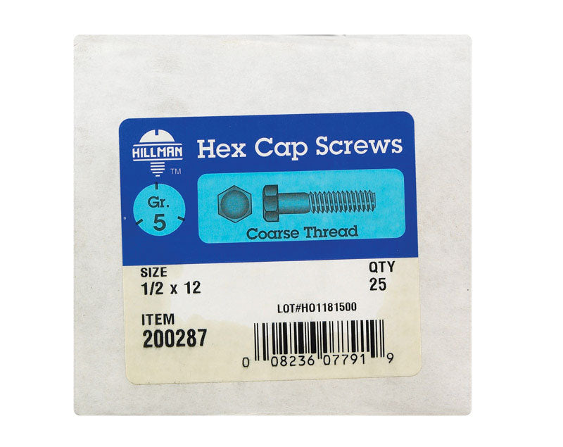 HILLMAN 1/2 in. D X 12 in. L Heat Treated Zinc Steel Hex Head Cap Screw 25 pk