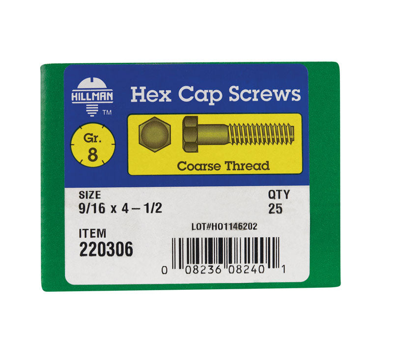 HILLMAN 9/16 in. D X 4-1/2 in. L Heat Treated Steel Hex Head Cap Screw 25 pk