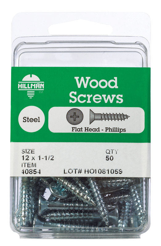 HILLMAN No. 12 X 1-1/2 in. L Phillips Zinc-Plated Coarse Wood Screws 50 pk, Pack of 5