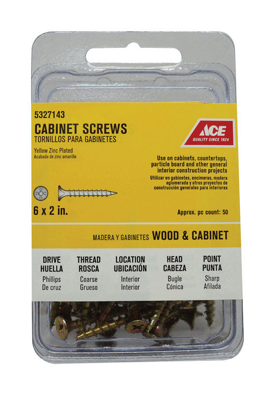 Ace No. 6 X 2 in. L Phillips Yellow Zinc Coarse Cabinet Screws 50 pk