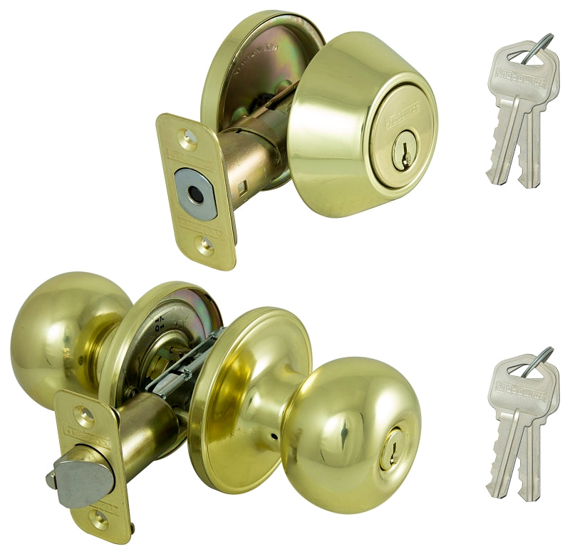 ProSource B9721BRA4F Deadbolt and Entry Lockset, Turnbutton Lock, Ball Design, Polished Brass, 3 Grade, Brass, Pack of 2