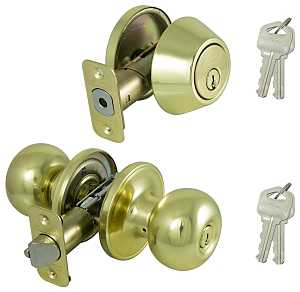 ProSource B9721BRA4F Deadbolt and Entry Lockset, Turnbutton Lock, Ball Design, Polished Brass, 3 Grade, Brass, Pack of 2
