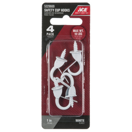 Ace Medium White Steel 1.375 in. L Cup Hook 10 lb 4 pk, Pack of 5