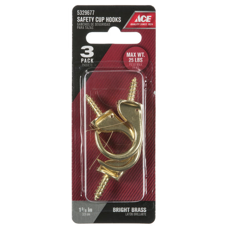 Ace Small Polished Brass Green Brass 1.9375 in. L Cup Hook 25 lb 3 pk, Pack of 5