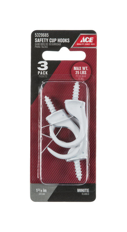 Ace Small White Steel 1.9375 in. L Cup Hook 25 lb 3 pk, Pack of 5