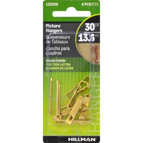 HILLMAN Brass-Plated Gold Conventional Picture Hanger 30 lb 6 pk, Pack of 10
