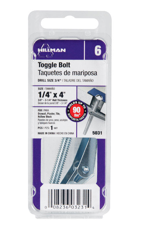 HILLMAN 1/4 in. D X 4 in. L Round Steel Toggle Bolt 1 pk, Pack of 6