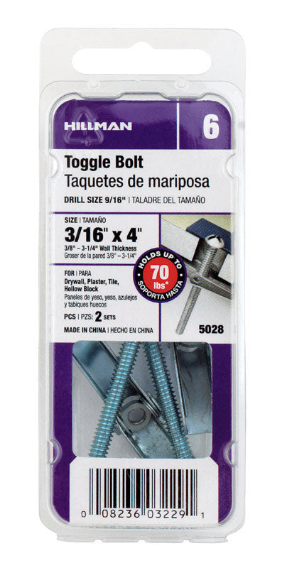 HILLMAN 3/16 in. D X 4 in. L Round Steel Toggle Bolt 2 pk, Pack of 6