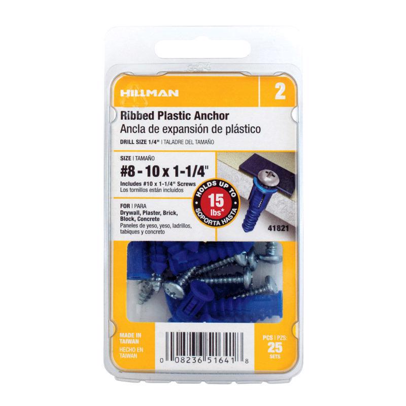 HILLMAN 0.164 in. D X 1-1/4 in. L Plastic Ribbed Head Ribbed Anchor 25 pk, Pack of 5
