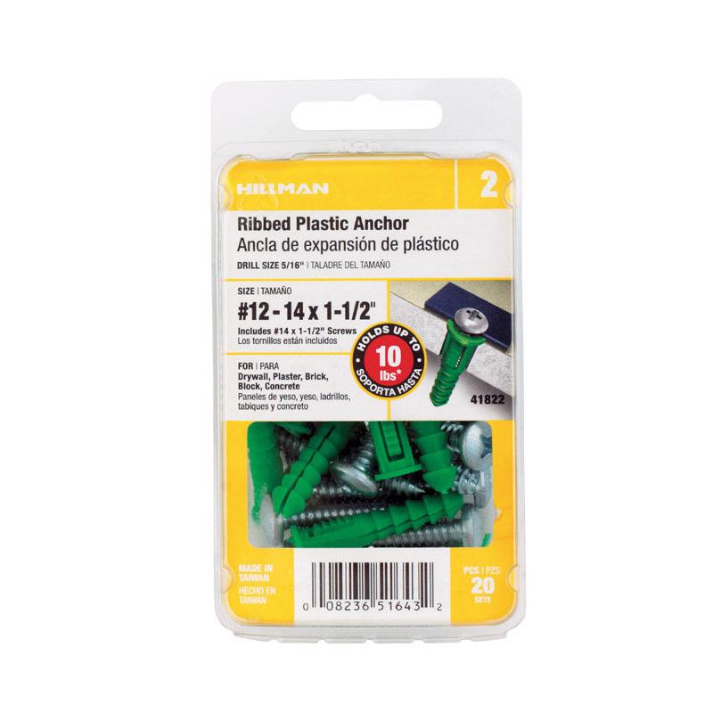 HILLMAN 1/4 in. D X 1-1/2 in. L Plastic Ribbed Head Ribbed Anchor 20 pc, Pack of 5
