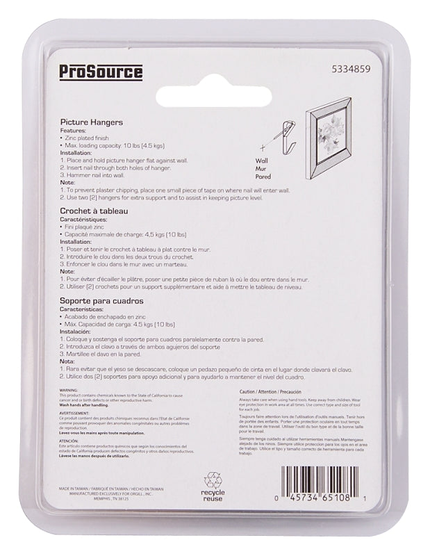 ProSource PH-121010-PS Picture Hanger, 10 lb, Steel, Zinc, Zinc, Nail-In Mounting