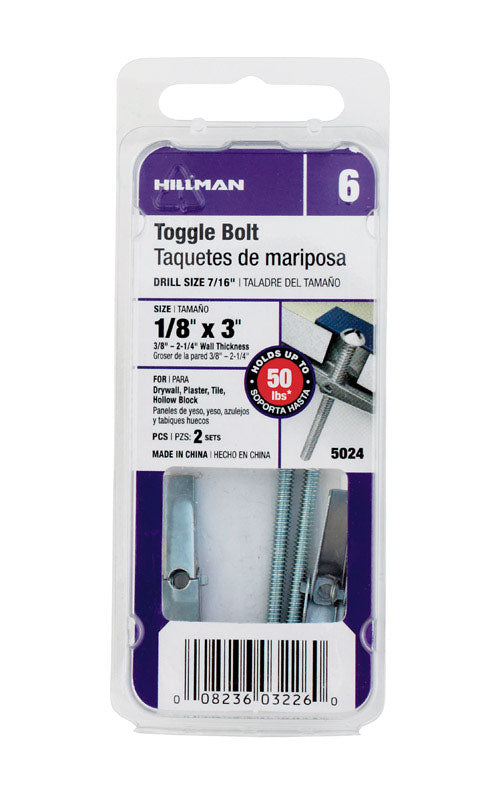 HILLMAN 1/8 in. D X 3 in. L Round Steel Toggle Bolt 2 pk, Pack of 10