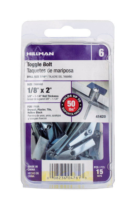 HILLMAN 1/8 in. D X 2 in. L Round Steel Toggle Bolt 15 pk, Pack of 5