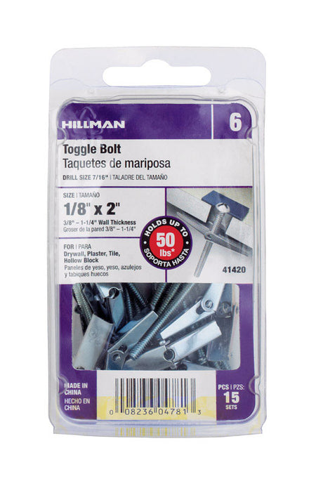 HILLMAN 1/8 in. D X 2 in. L Round Steel Toggle Bolt 15 pk, Pack of 5