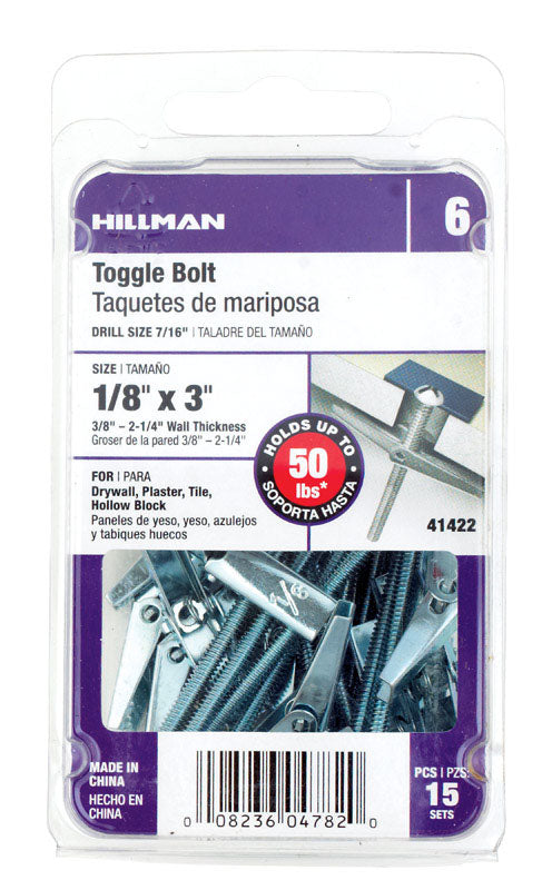 HILLMAN 1/8 in. D X 3 in. L Round Steel Toggle Bolt 15 pk, Pack of 5