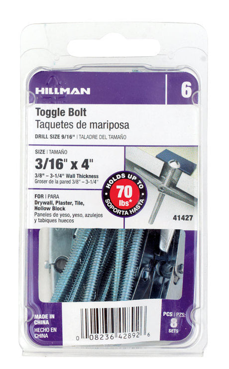 HILLMAN 3/16 in. D X 4 in. L Round Zinc-Plated Steel Toggle Bolt 8 pk, Pack of 5