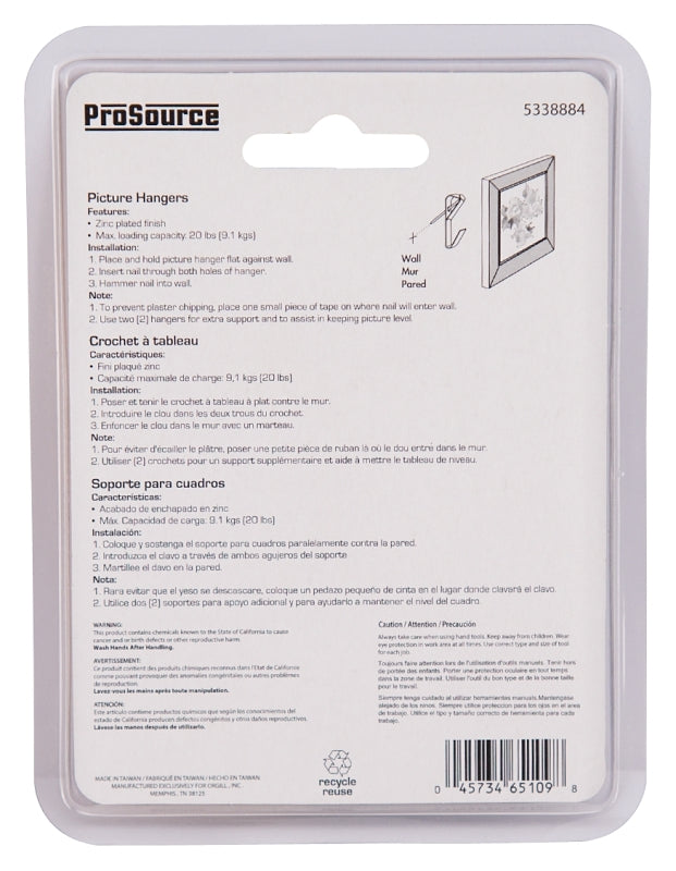 ProSource PH-121020-PS Picture Hanger, 20 lb, Steel, Zinc, Zinc, Nail-In Mounting