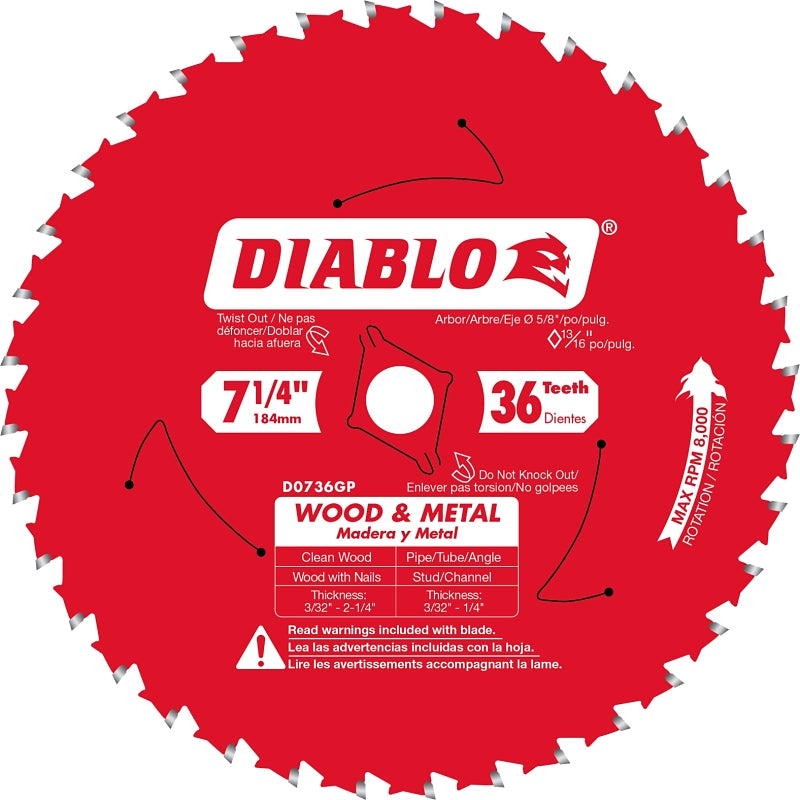 Diablo D0736GPA Circular Saw Blade, 7-1/4 in Dia, 5/8 in Arbor, 36-Teeth, TiCo Cutting Edge, Pack of 5