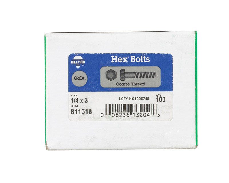 HILLMAN 1/4 in. D X 3 in. L Hot Dipped Galvanized Steel Hex Bolt 100 pk