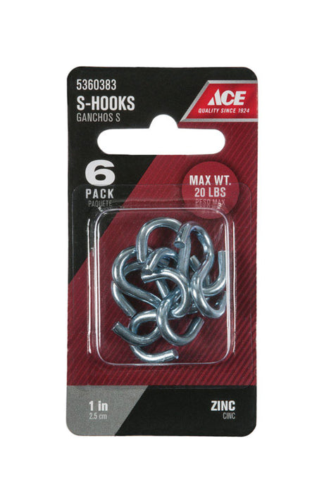 Ace Medium Zinc-Plated Silver Steel 1 in. L Heavy S-Hook 20 lb 6 pk, Pack of 5