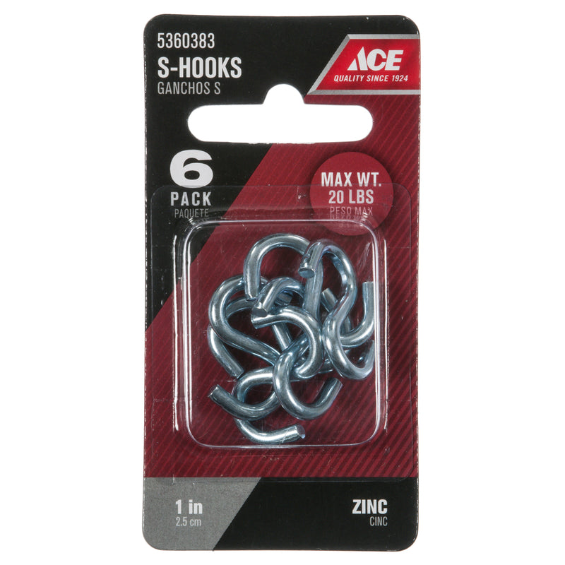 Ace Medium Zinc-Plated Silver Steel 1 in. L Heavy S-Hook 20 lb 6 pk, Pack of 5