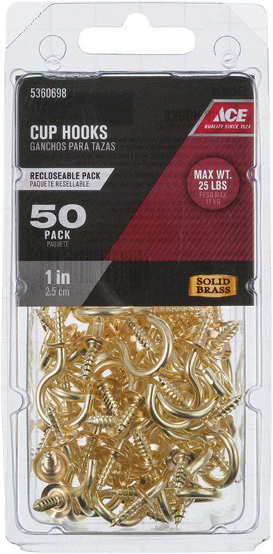Ace Small Bright Brass Brass 1 in. L Cup Hook 25 lb 50 pk