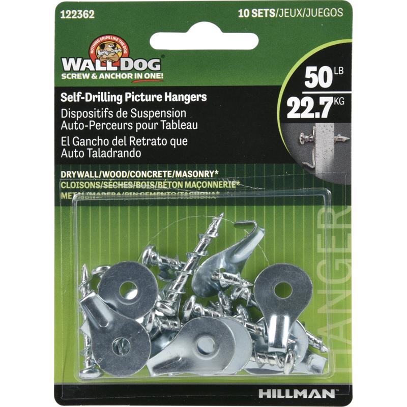 HILLMAN WALL DOG Chrome Gold Self-Drilling Picture Hanger 50 lb 10 pk, Pack of 10