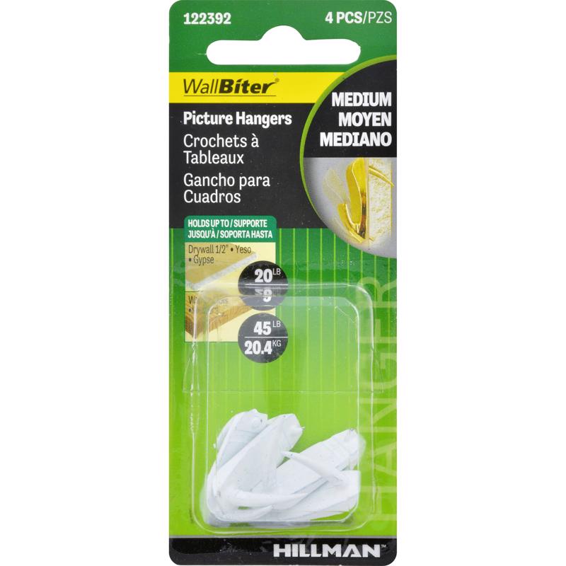 HILLMAN WallBiter White Small Picture Hook 45 lb 4 pk, Pack of 10