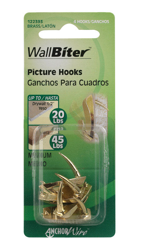HILLMAN WallBiter Brass-Plated Silver Small Picture Hook 45 lb 4 pk, Pack of 10
