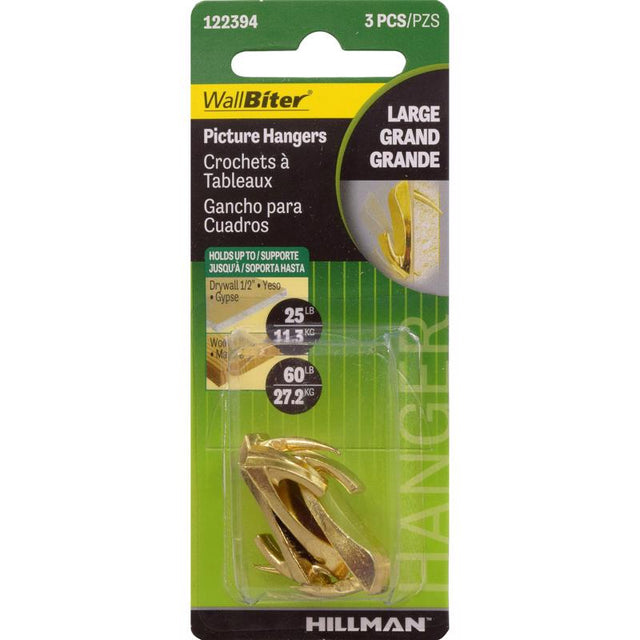 HILLMAN WallBiter Brass-Plated Gold Large Picture Hook 60 lb 3 pk, Pack of 10