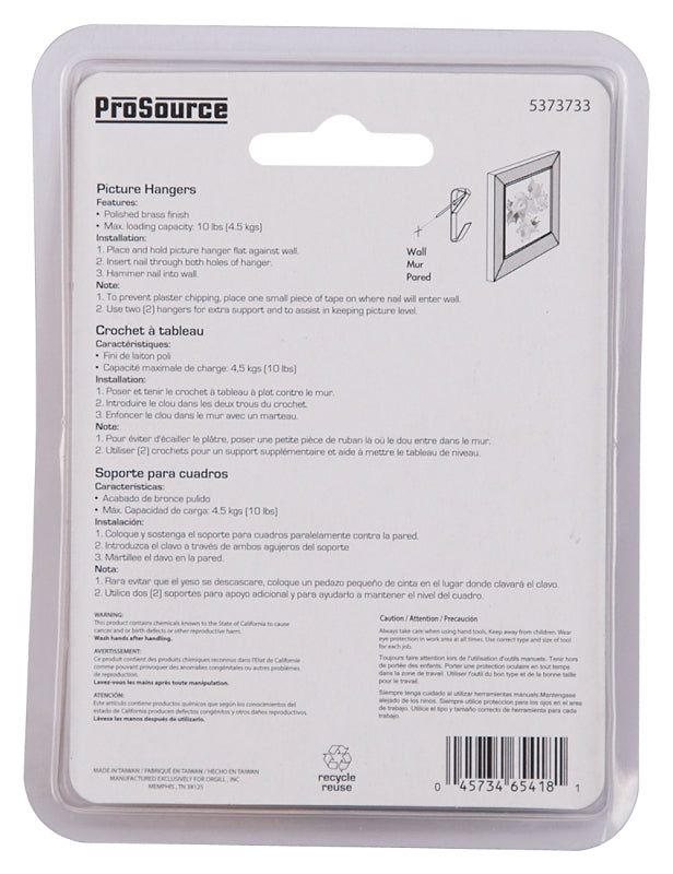 ProSource PH-122312-PS Picture Hanger, 10 lb, Steel, Polished Brass, Brass, Nail-In Mounting