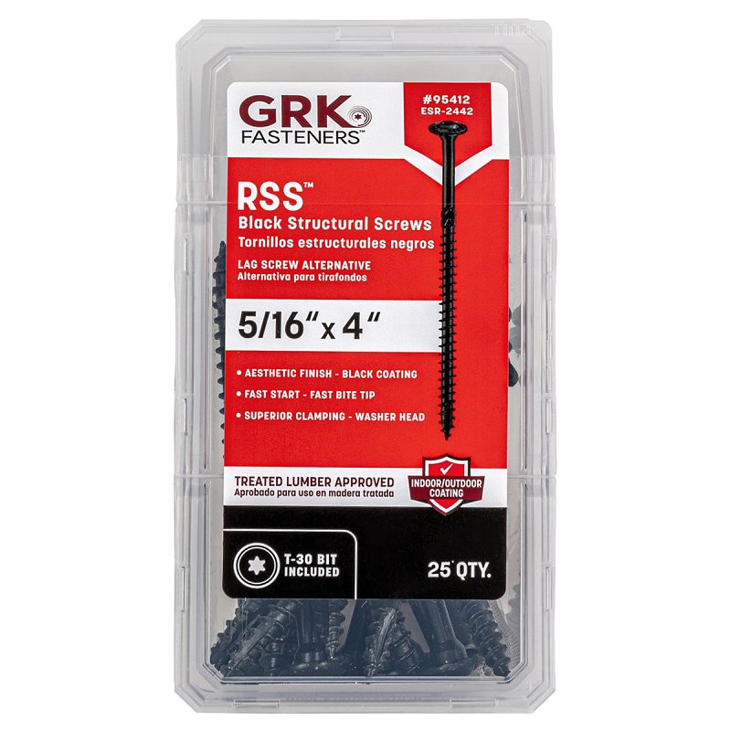 GRK Fasteners RSS Series 95412 Structural Screw, 4 in L, Coarse Thread, Washer Head, Torx Drive, Steel, Zinc-Plated, 25