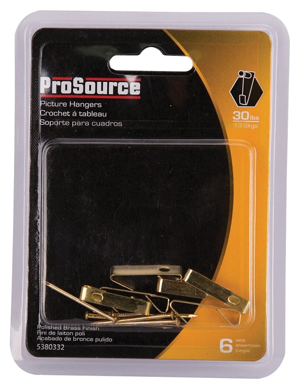 ProSource PH-122306-PS Picture Hanger, 30 lb, Steel, Polished Brass, Brass, Nail-In Mounting