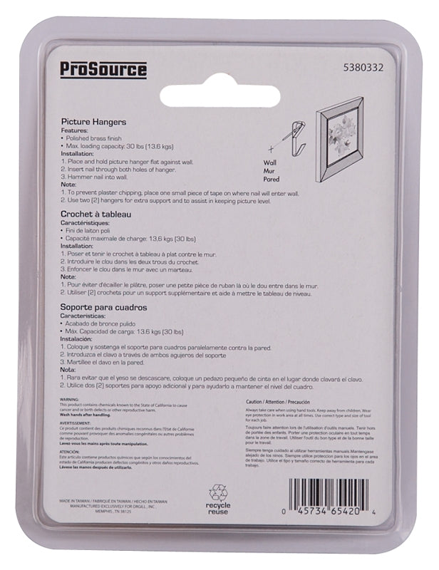 ProSource PH-122306-PS Picture Hanger, 30 lb, Steel, Polished Brass, Brass, Nail-In Mounting