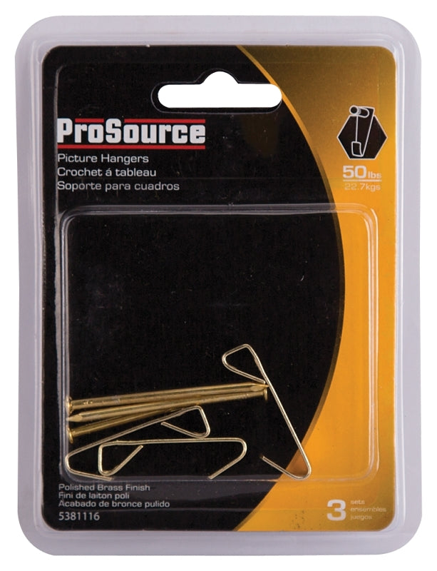 ProSource PH-122304-PS Picture Hanger, 50 lb, Steel, Polished Brass, Brass, Nail-In Mounting
