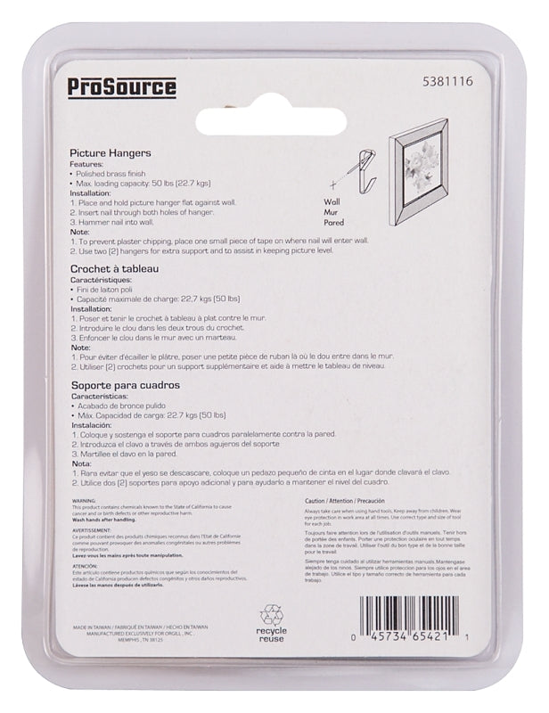 ProSource PH-122304-PS Picture Hanger, 50 lb, Steel, Polished Brass, Brass, Nail-In Mounting