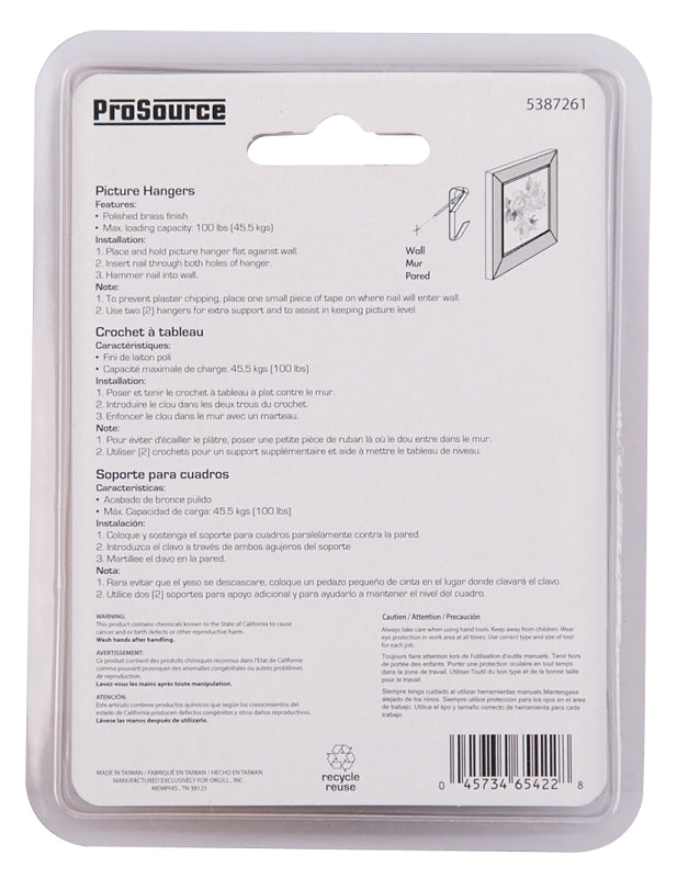 ProSource PH-122310-PS Picture Hanger, 100 lb, Steel, Polished Brass, Brass, Nail-In Mounting