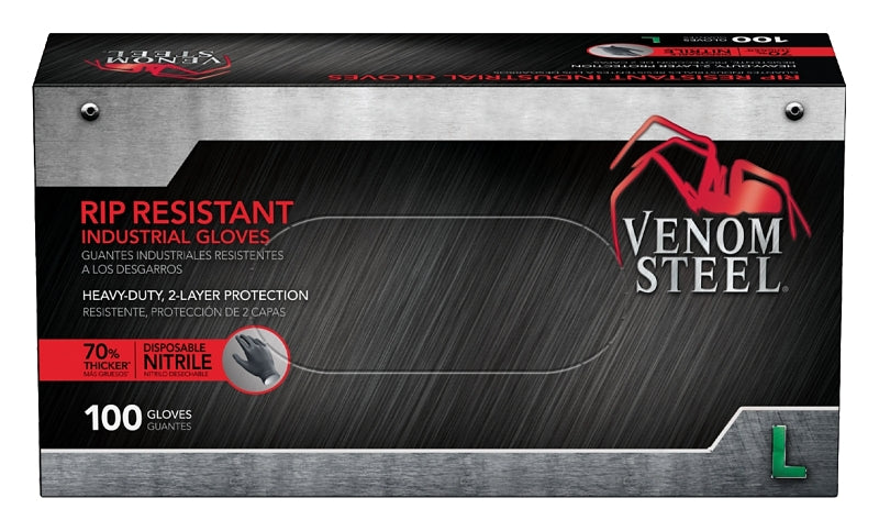 Venom Steel VEN6143N Disposable Gloves, 100 BX, L, Nitrile, Powder-Free, Black, 9-1/2 in L, Beaded Cuff